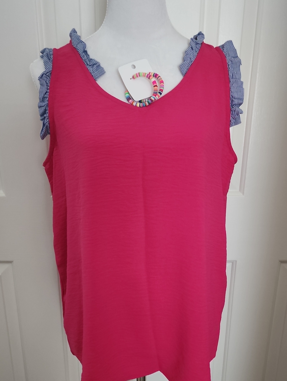 Bright Pink Sleeveless Ruffle Strap Women's Top